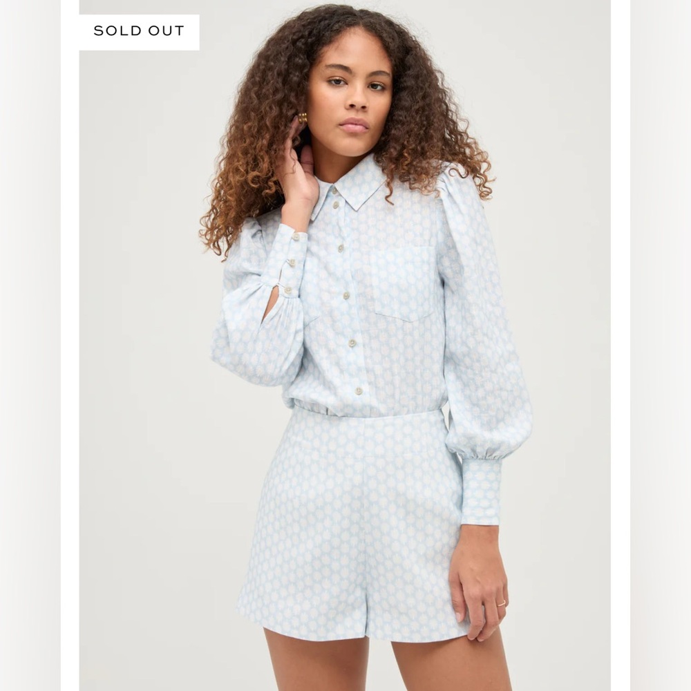 Hill House Dorothea Top & Lisette Shorts in Powder Blue Shell Linen.